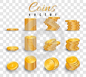 Realistic stack of gold coins isolated on transparent background. Pile of gold coins. Vector illustration