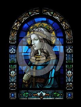 Realistic Stained Glass Window with the image of a woman, dark blue tones