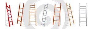 Realistic staircase. 3D wooden or metal stairs constructions. Isolated stepladders lean on wall. Repairs equipment for