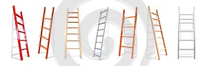 Realistic staircase. 3D wooden or metal stairs constructions. Isolated stepladders lean on wall. Repairs equipment for climbing.