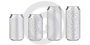 Realistic standard and long aluminium cans with water drops. Vector silver cans of cold beverages, soft drink and energy drinks.