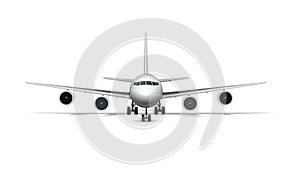 Realistic standing airplane, jet aircraft or airliner front view. Detailed passenger air plane on white