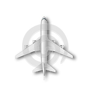 Realistic standing airplane, jet aircraft or airliner top view. Detailed passenger air plane on white Bg.