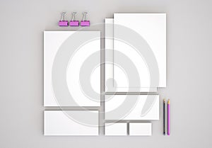 Realistic Stationery Mockups Set. Letterhead, name card, envelope, presentation folder..
