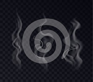 Realistic steam effects set. White cigarette smoke, air wind fog, hot swirl from hot beverage vapor