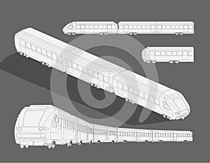 Realistic steam modern high-speed train sketch template.Vector coloring page 3d model train. Cartoon vector illustration in black