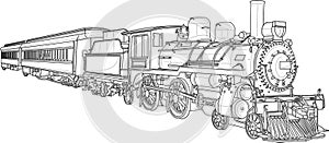 Realistic steam train sketch template. Cartoon vector illustration in black and white