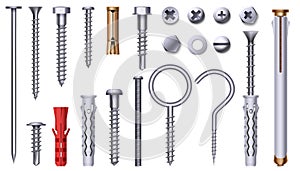 Realistic steel nut, bolt, screw and plastic dowel. 3d metal hardware elements with thread. Stainless nails, pins and photo
