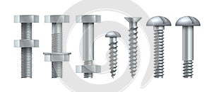 Realistic steel self-tapping. Metal bolts with tightened nuts. Stainless threaded nails with polygonal and round heads