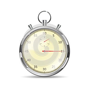 Realistic steel Stopwatch. Classic stopwatch in retro style with Glass reflection and shadow. Vector illustration