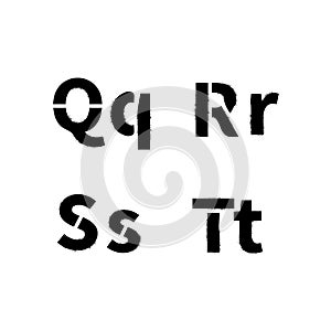 Realistic stencil font with dirty spray paint texture, Q R S T latin letters on white
