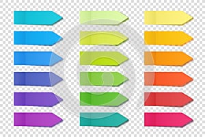 Realistic sticky notes collection. Arrow flag tabs. Post note stickers. Colorful sticky paper sheets. Vector