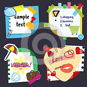 Realistic sticky notes sheets with stickers, sample text and decorative elements. Paper reminders hanging with adhesive