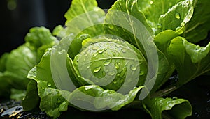 Still life of fresh lettuce leaves with water drops. Illustration AI photo