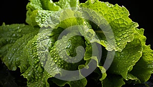 Realistic still life of wet lettuce leaves with drops water photo