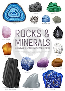 Realistic Stone Mineral Visual Guide Icon Set