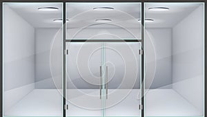 Realistic store door. Glass double office entrance, front exterior mall doors, modern metal frame realistic steel door