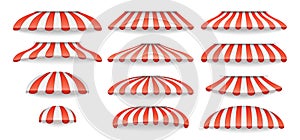 Realistic store tent with stripes, sunshade awning