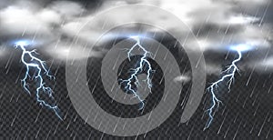 Realistic storm. Heavy clouds thunder and shower rain on transparent background. Vector atmosphere phenomenon with photo