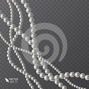 Realistic strands of white pearls, decorative element for holiday cards, wedding invitations, vector illustration