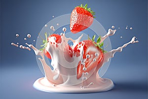 Realistic strawberries against a background of splashes of milk or cream, with copyspace on a blue background.