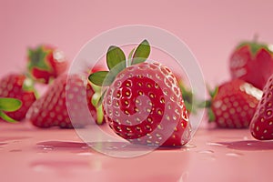 Realistic strawberries with water droplets on a soft pink background in high resolution