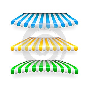 Realistic striped shop sunshade. Store awning. Shop tent isolated set. Vector illustration