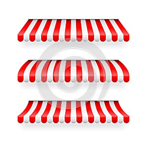 Realistic striped shop sunshade. Store awning. Shop tent isolated set. Vector illustration