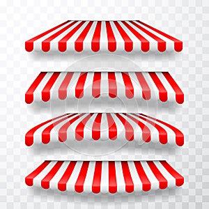 Realistic striped shop sunshade. Store awning. Shop tent isolated set. Vector illustration