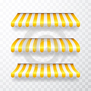 Realistic striped shop sunshade. Store awning. Shop tent isolated set. Vector illustration