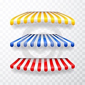 Realistic striped shop sunshade. Store awning. Shop tent isolated set. Vector illustration