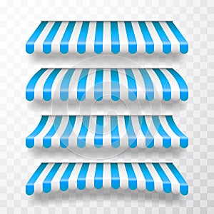 Realistic striped shop sunshade. Store awning. Shop tent isolated set. Vector illustration