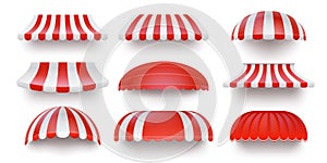 Realistic striped store sunshade awning, shop canopy. Red and white market umbrella. Front tent roof for shop showcase