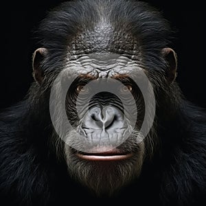 Realistic Studio Portrait Of A Black Chimp A Captivating Animal Art Piece