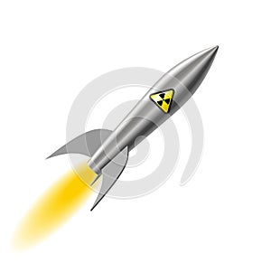 Realistic stylized missile with nuclear and chemical weapons flies