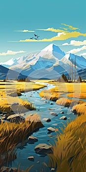 Realistic Yet Stylized Mountain Stream Painting With Bold Outlines