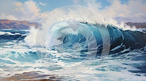 Realistic And Stylized Painting: Big Wave Crashing On Waimea Bay Shore