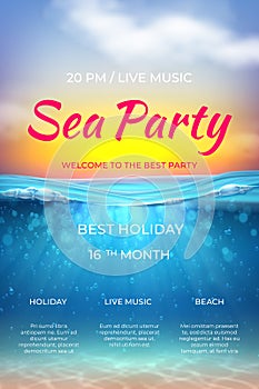 Realistic summer poster. Pool party design, ocean underwater scene for vacation marine event. Vector sea beach party