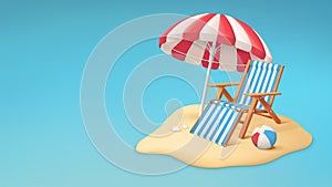 Realistic summer vacation or travel concept with beach chair, umbrella and ball. Tropical sand beach vector