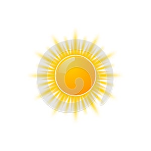 Realistic sun icon for weather design. Sunshine symbol happy orange isolated sun illustration