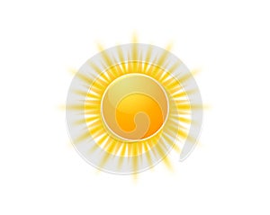 Realistic sun icon for weather design. Sunshine symbol happy orange isolated sun illustration