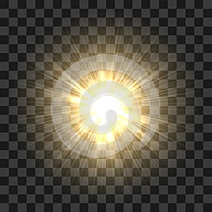 Realistic Sun Rays Glow. Abstract Sunshine Light Effects on transparent background. Vector illustration