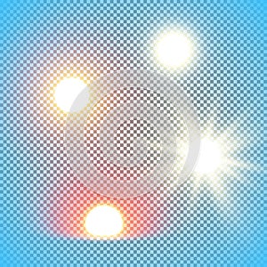 Realistic sun vector illustrations isolated on transparency grid, noon, morning, rising of evening sun