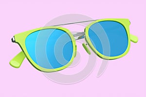 Realistic sunglasess with gradient lens and green plastic frame on pink