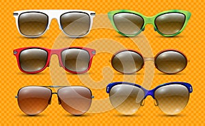 Realistic sunglasses. Fashion designer glasses. Stylish summer accessories in colored frames vector collection