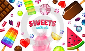 Realistic Sweet candies. Swirl caramel, assorted circle lollipops, dragee and chocolates, fruit jelly, Sugar clouds
