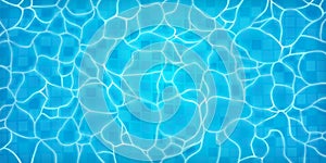 Realistic swimming pool bottom with blue water waves texture. Summer aqua surface with caustics ripples. Spa pool top