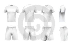 Realistic t-shirt and shorts mockup. White t-shirts template, sport uniform clothes 3d vector set