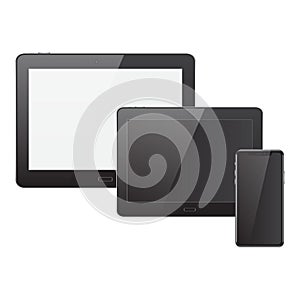 Realistic tablets and mobile phone with shadow on black and gray screens