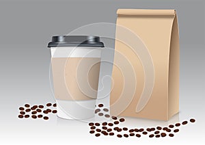 Realistic take away paper coffee cup and brown paper bag with coffee beans. Vector illustration.